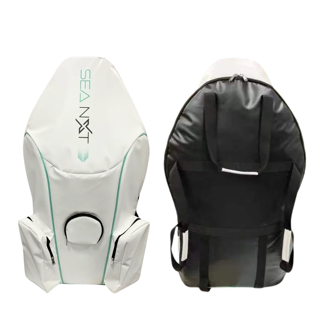 SeaNXT Elite Carry Bag featuring a sleek white design with logo and spacious compartments for underwater scooter transport, showcasing front and back views.