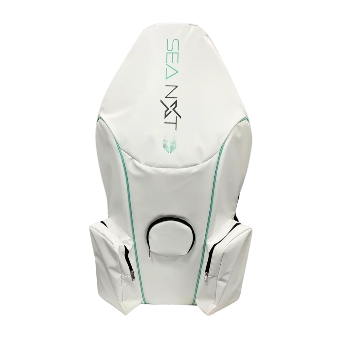 SeaNXT Elite Carry Bag, white design with logo, featuring spacious compartments for underwater scooter transport and protection.