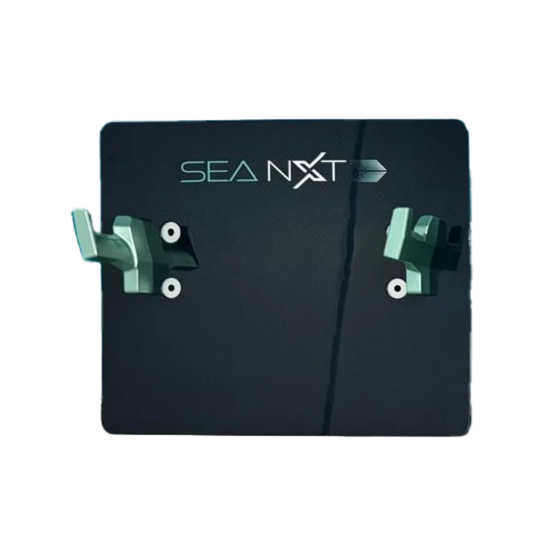 SeaNXT Elite Wall Rack featuring premium carbon fiber construction, designed for secure storage of underwater scooters, with two mounting hooks.